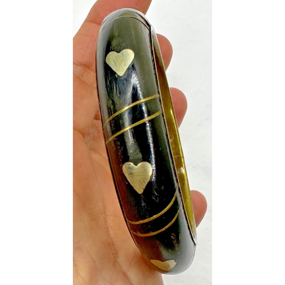 Bangle Brass Inlay Hearts Wood Bracelet Stackable Vintage Boho